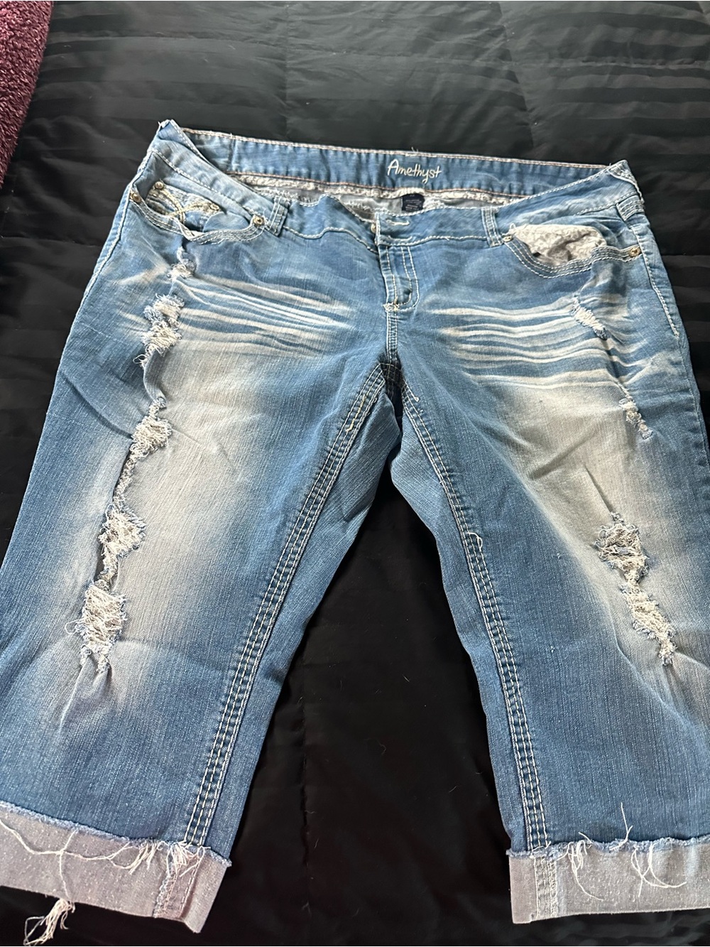 Amethyst Jeans Distressed Light Blue Cropped Denim Capris